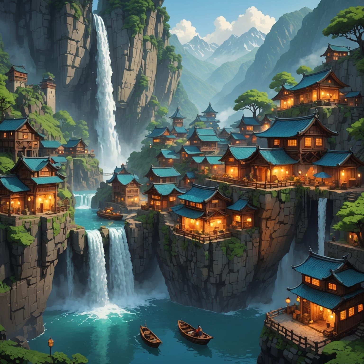Pixelated Village Beside Colossal Waterfall