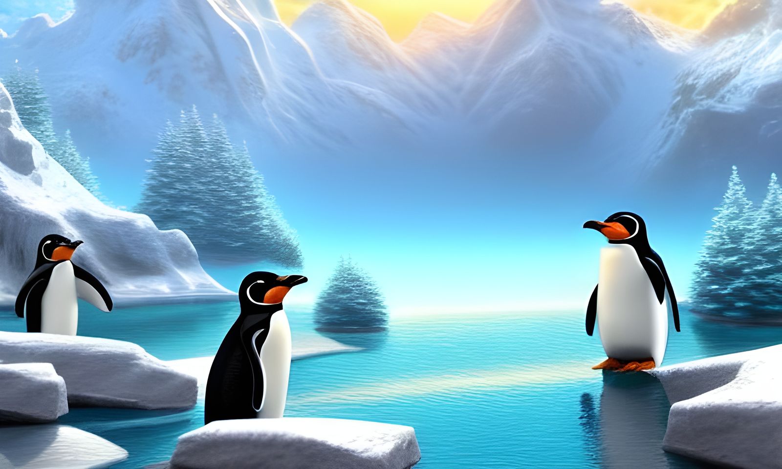 Penguins Play on Sunny Mountain: Kinkade Art