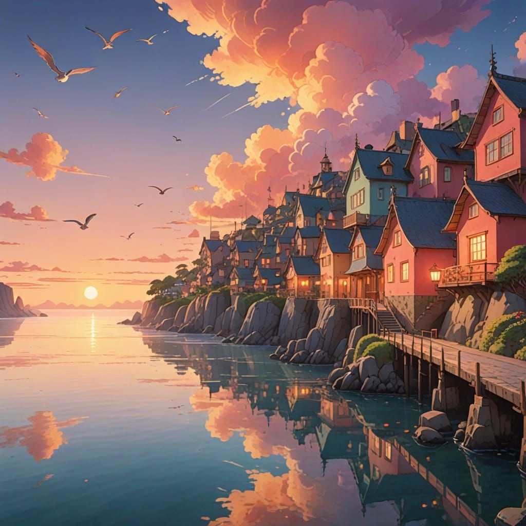 Whimsical Sunset Cityscape in Vibrant Watercolor Style