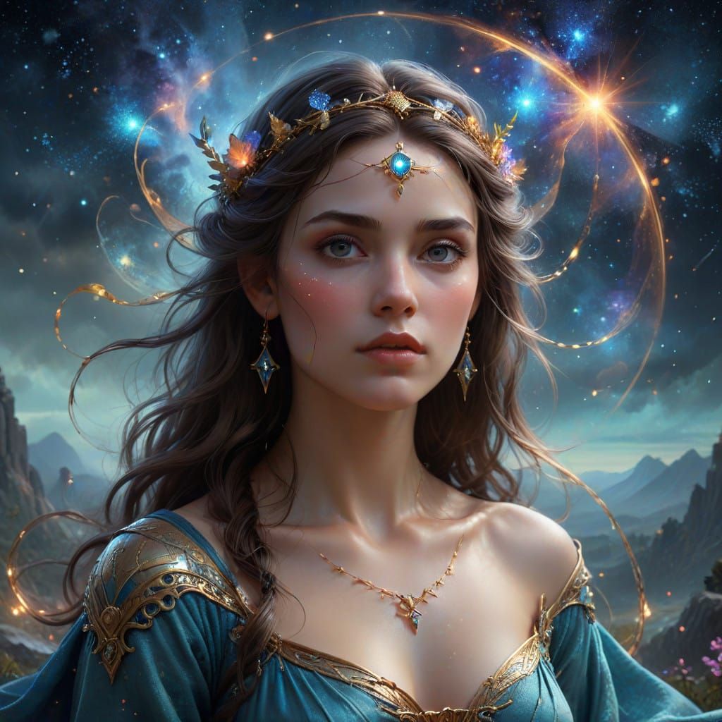 Digital Painting of Cosmic Goddess in Ethereal Atmosphere