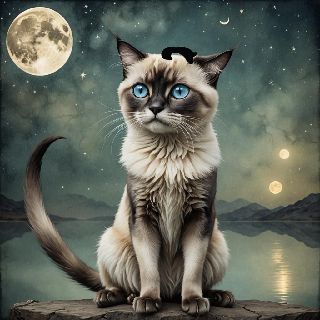 Calico Cat Gazing at Moon: Surreal Alcohol Ink Art