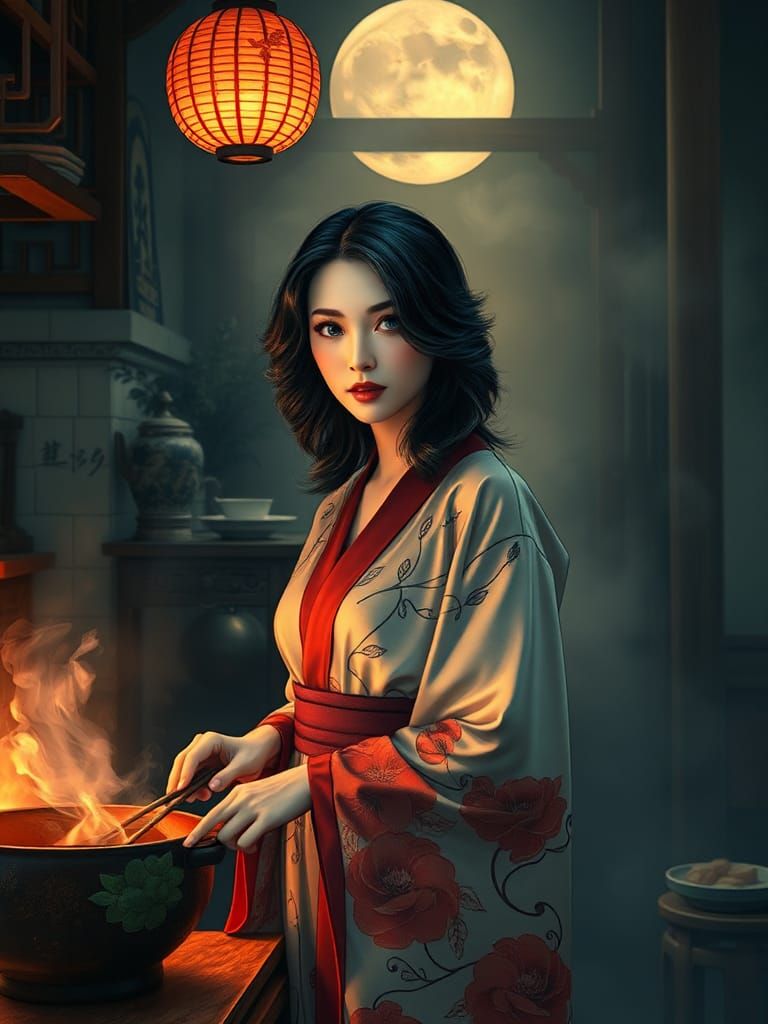 Vintage Chinese Kitchen: Sepia, Azure, and Crimson Hues