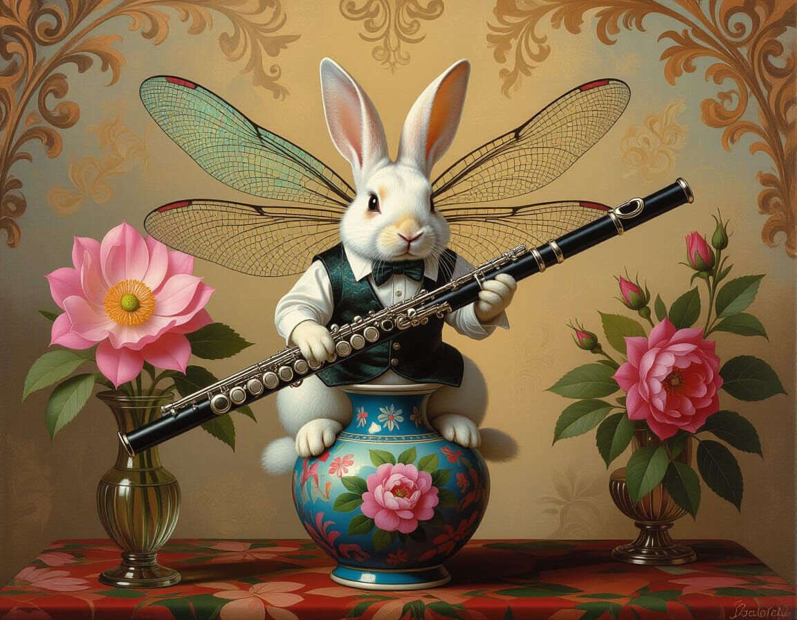 Rabbit Fairy Playing Flute in Baroque Style