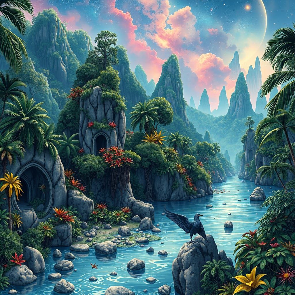 Exotic Alien Rainforest River in Manga Style