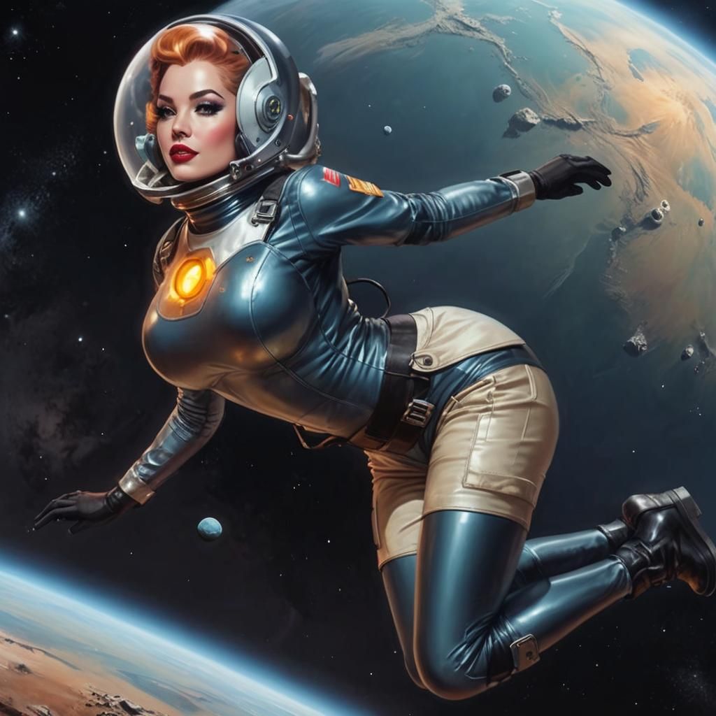 Retro Sci-Fi Space Girl Pinup Floating in Space