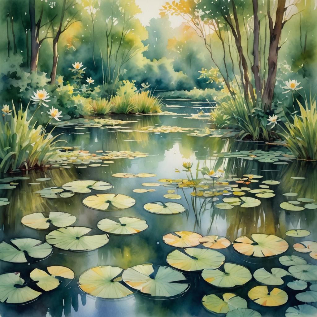 Impressionist Watercolor Pond Scene with Lily Pads