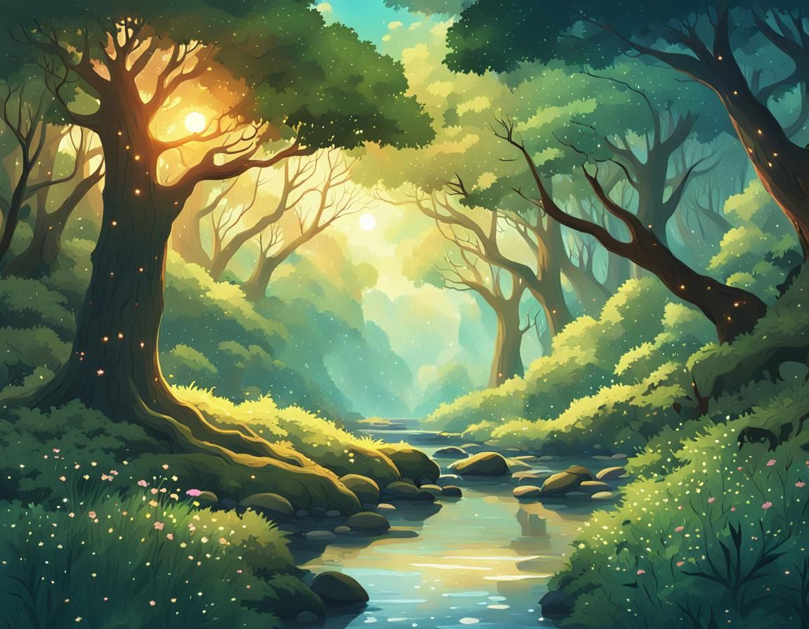Enchanting Anime Forest Wallpaper in Digital Illustration St...
