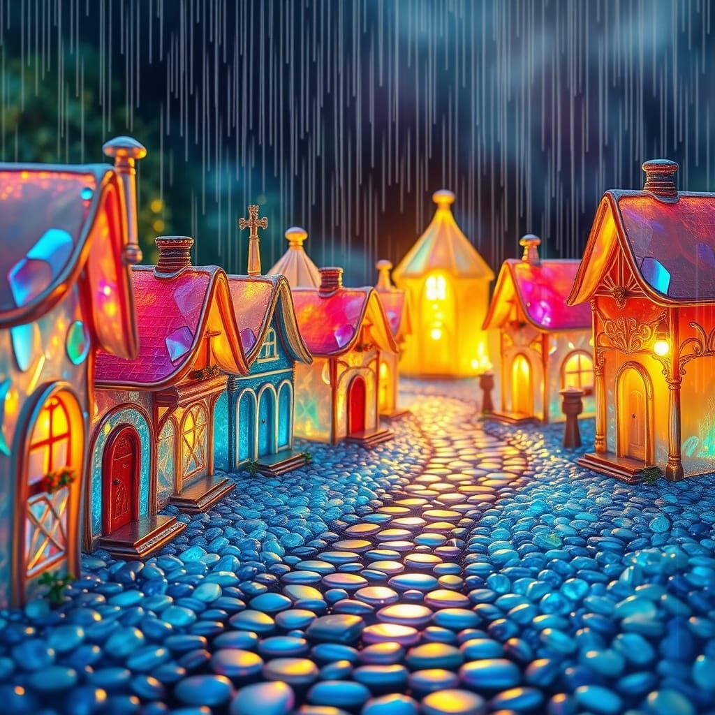 Iridescent Carnival Glass Village in Abstract Style