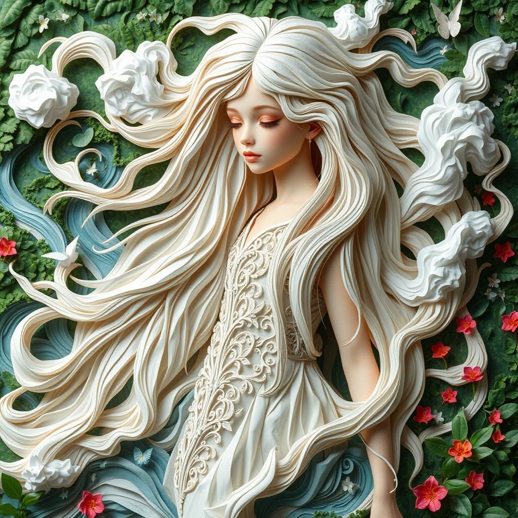 Ethereal Origami Girl in Surreal Landscape