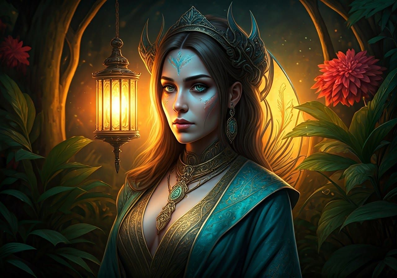 Mystic Lantern Garden in Hyperrealistic Splash Art