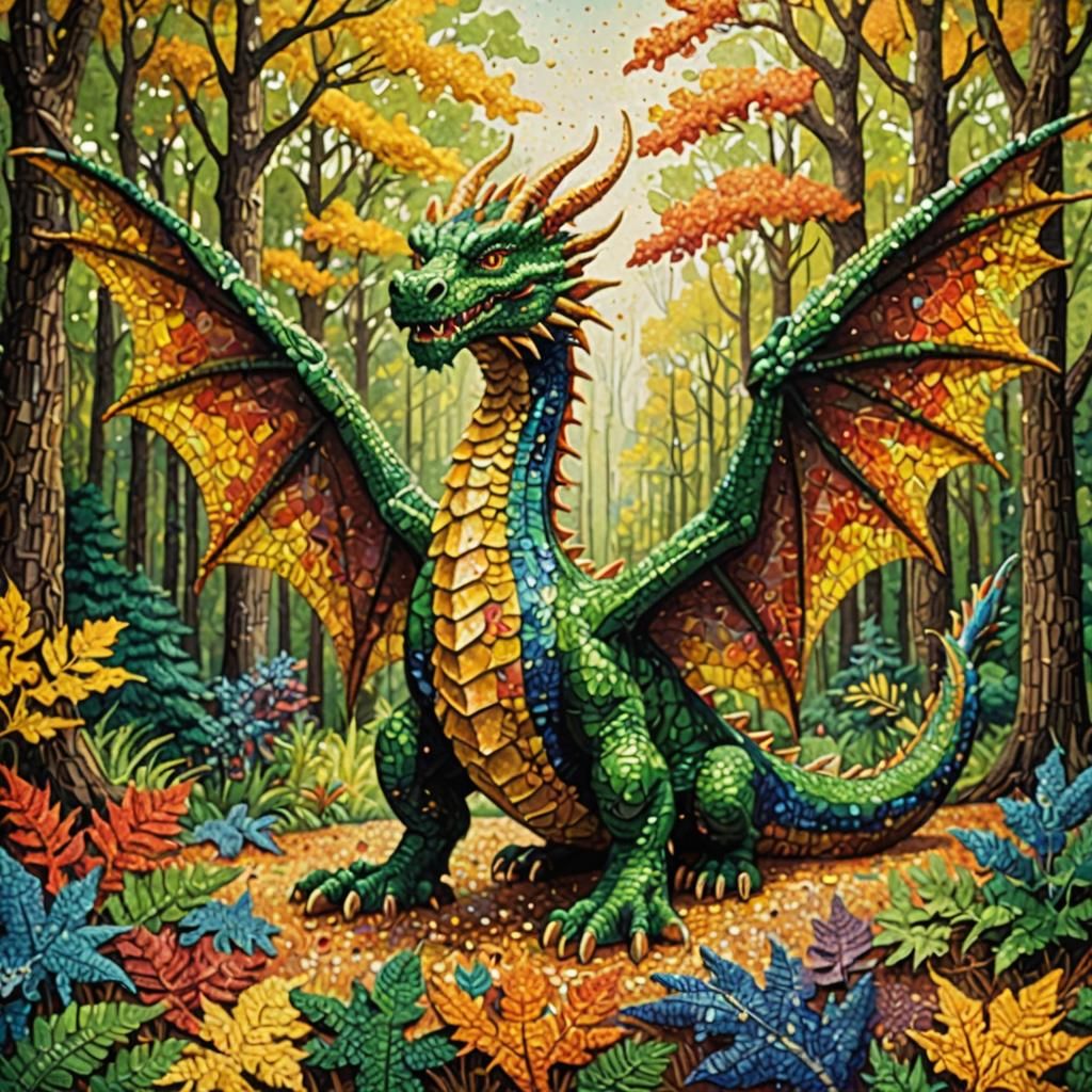 Pointillist Dragon in Forest, Seurat-Inspired Artwork