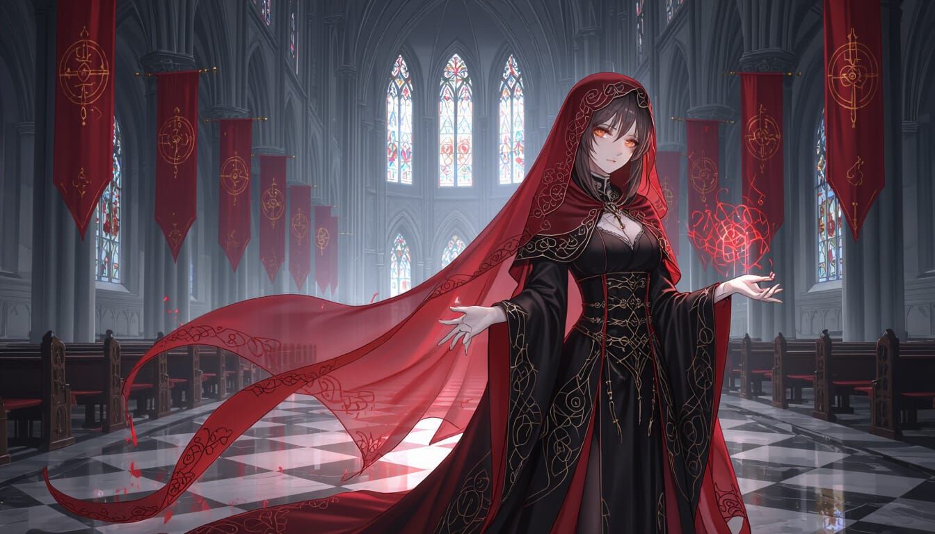 Anime Priestess in Crimson Gothic Cathedral, Dark Fantasy St...