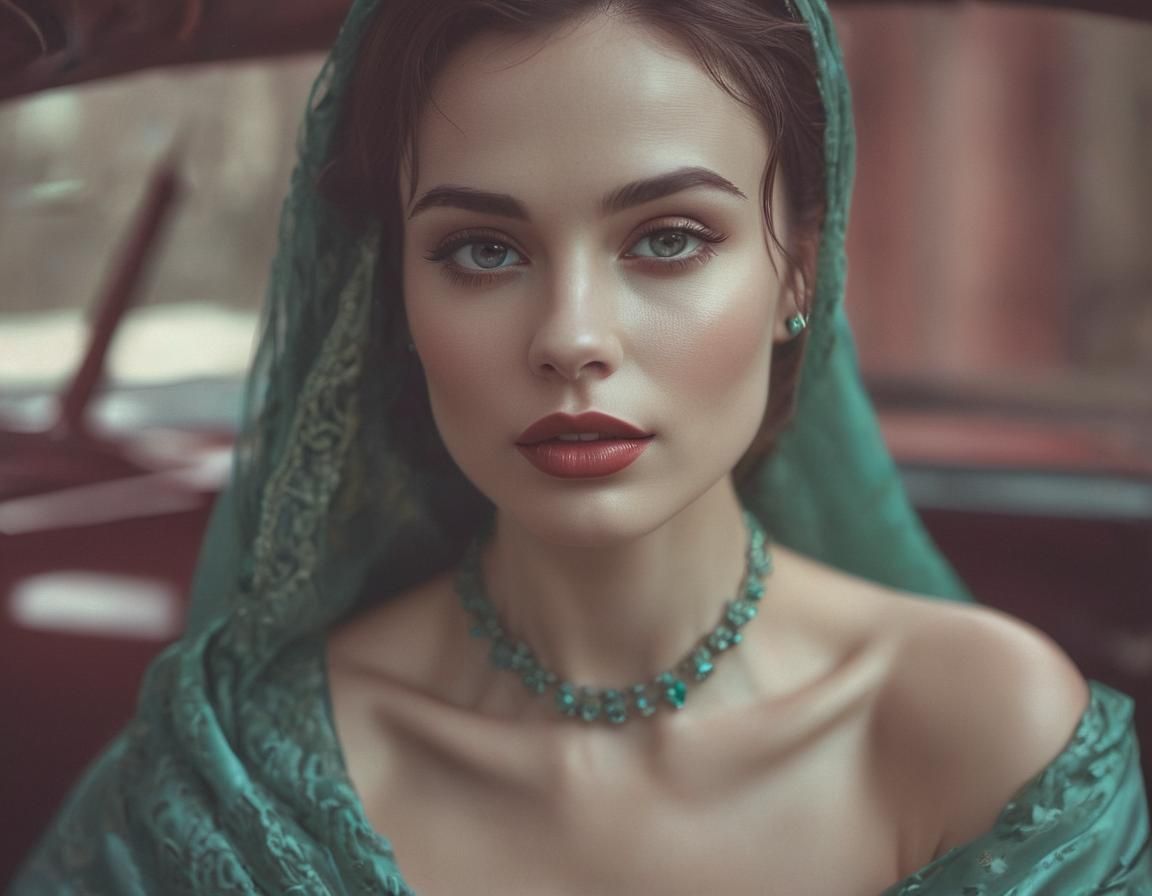 Brunette in Emerald Gown on Vintage Racing Car