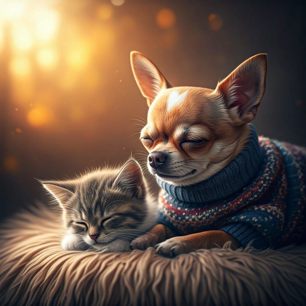 Chihuahua and Kitten Snuggled in Autumnal Golden Hour