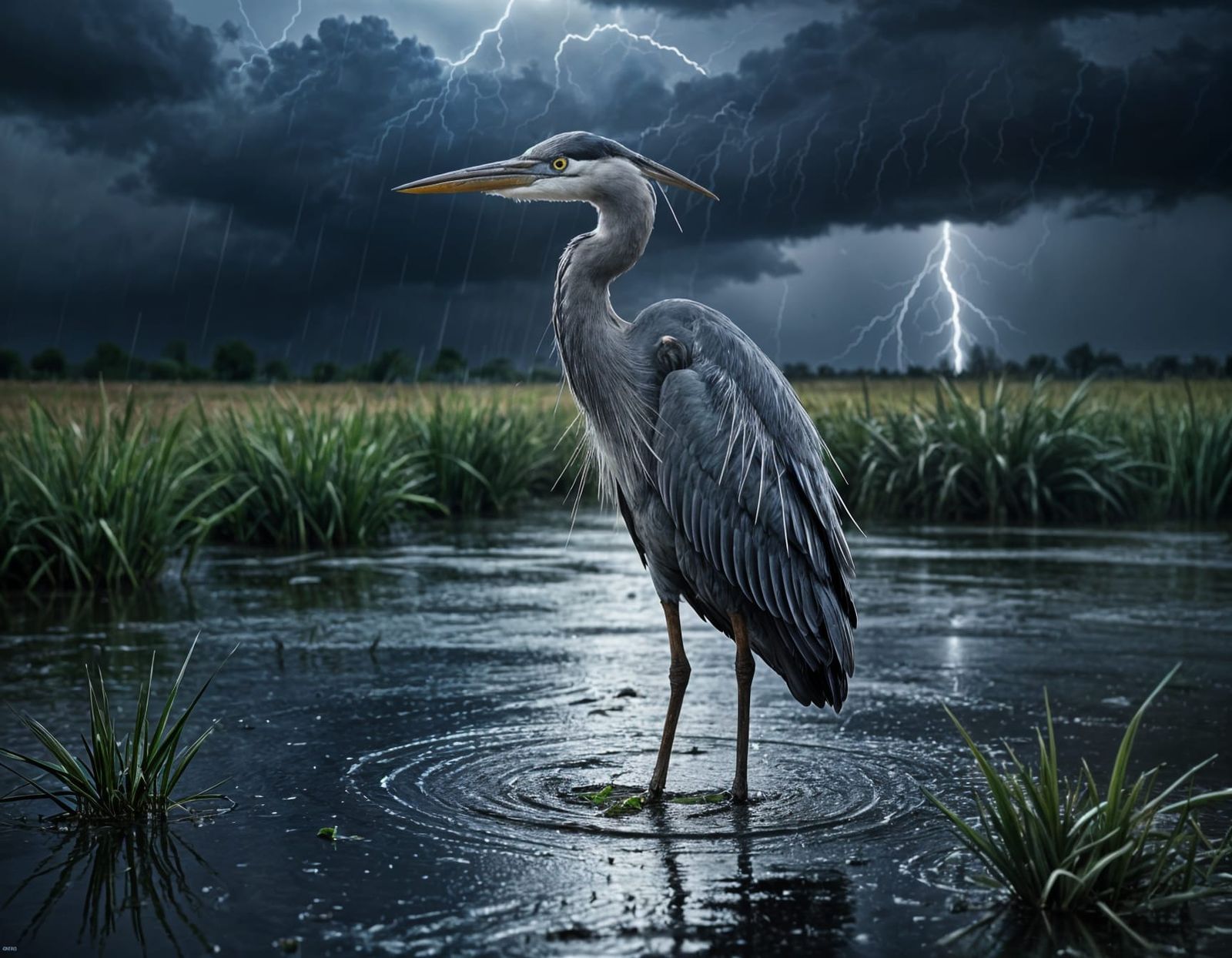 Heron in Stormy Floodwaters with Lightning Strike