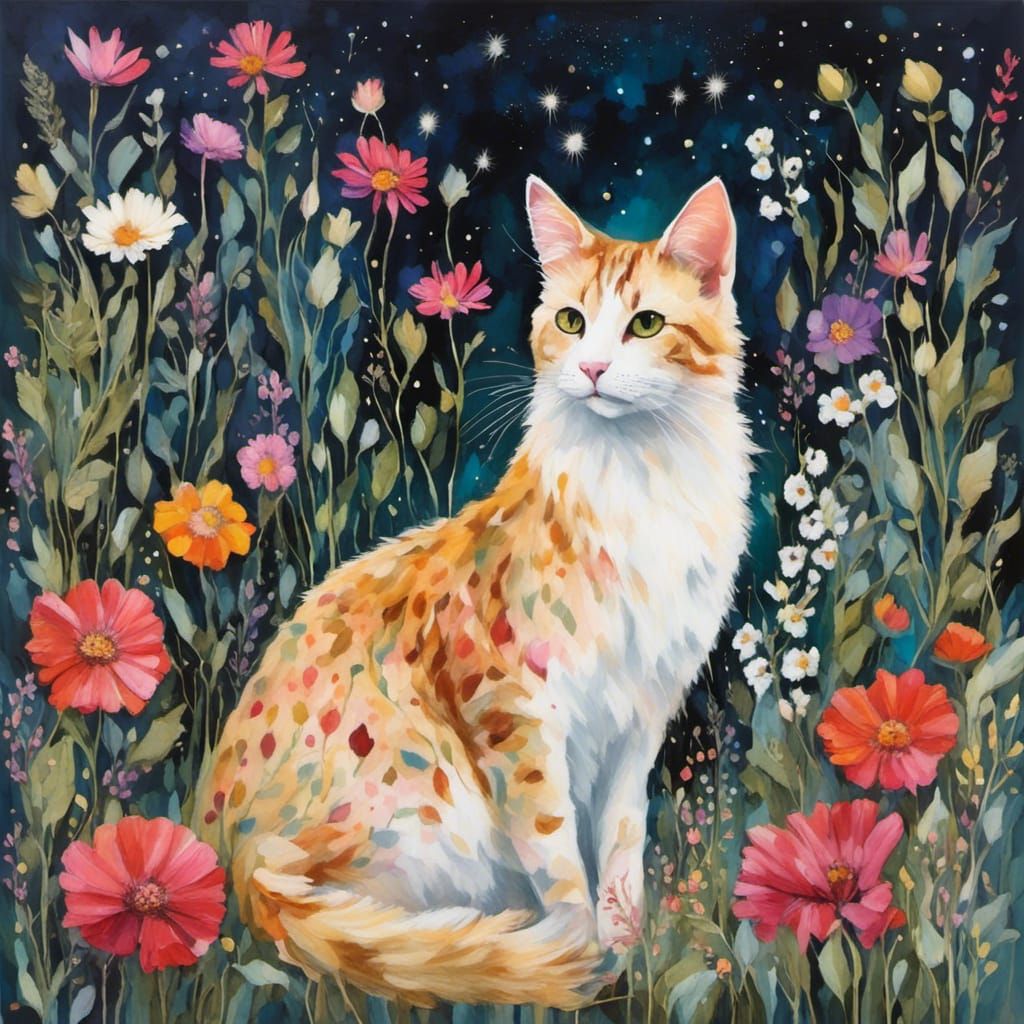 Cute Cat in Flower Garden with Heart Lights