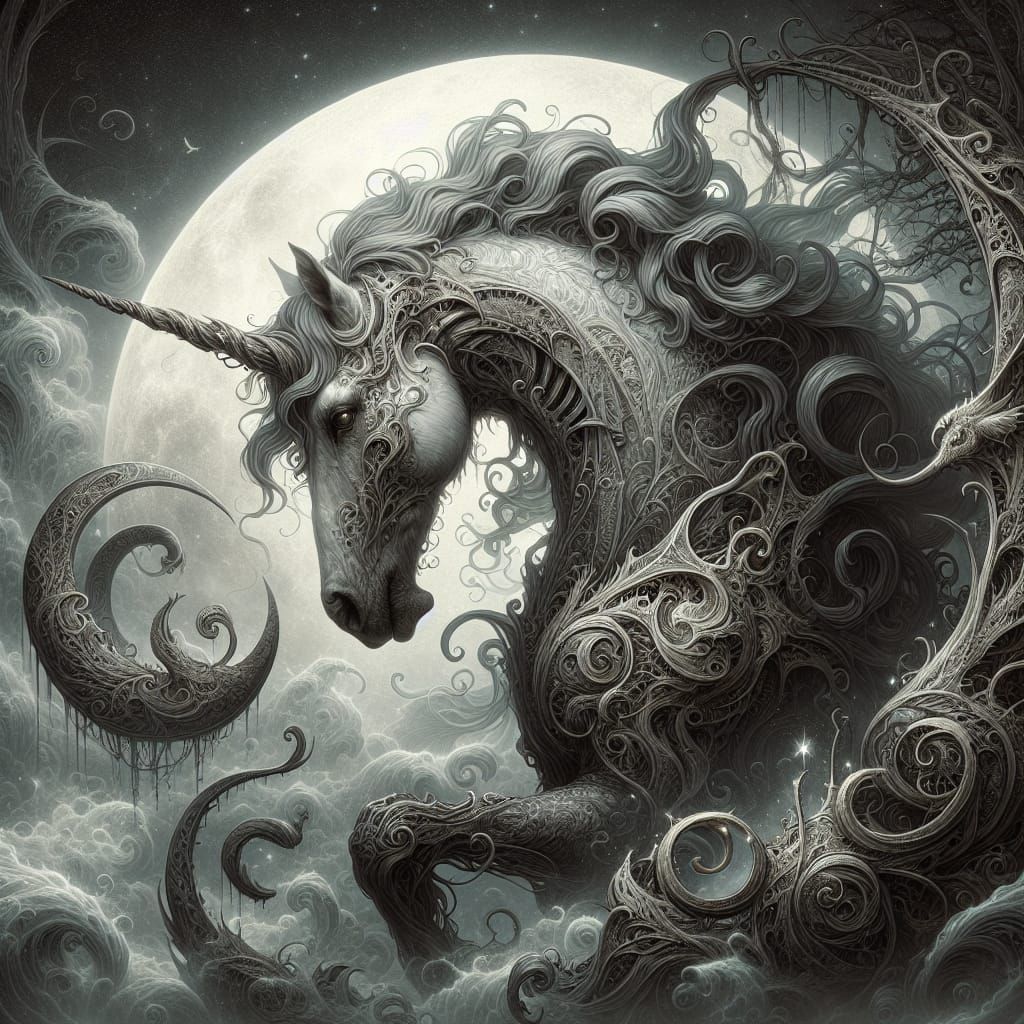 Cruel Unicorn in Fog-Shrouded Fantasy World