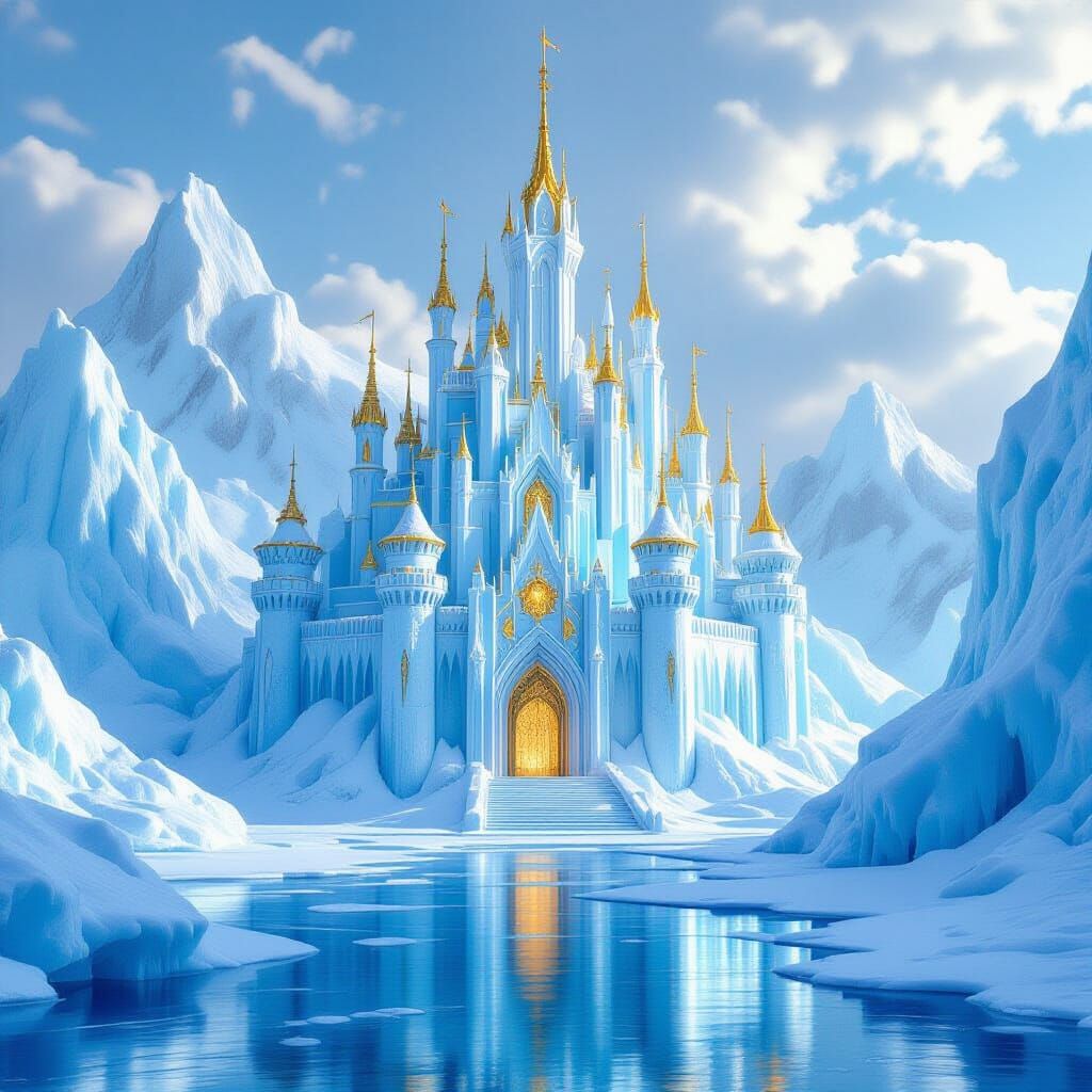 Majestic Ice Castle with Gold Accents in Ethereal Light