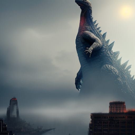 Godzilla Emerges from Fog: Dark Fantasy Artwork