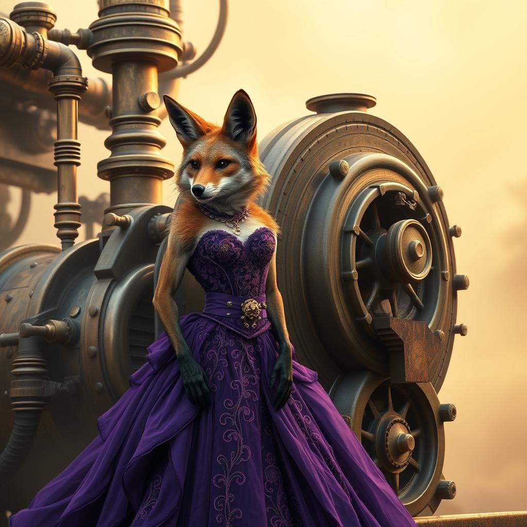 A coyote wearing a royal purple dress