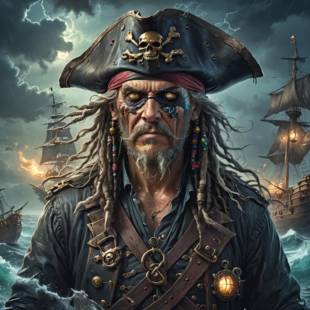 Bioluminescent Ethereal AI Art: Old Pirate on Stormy Seas