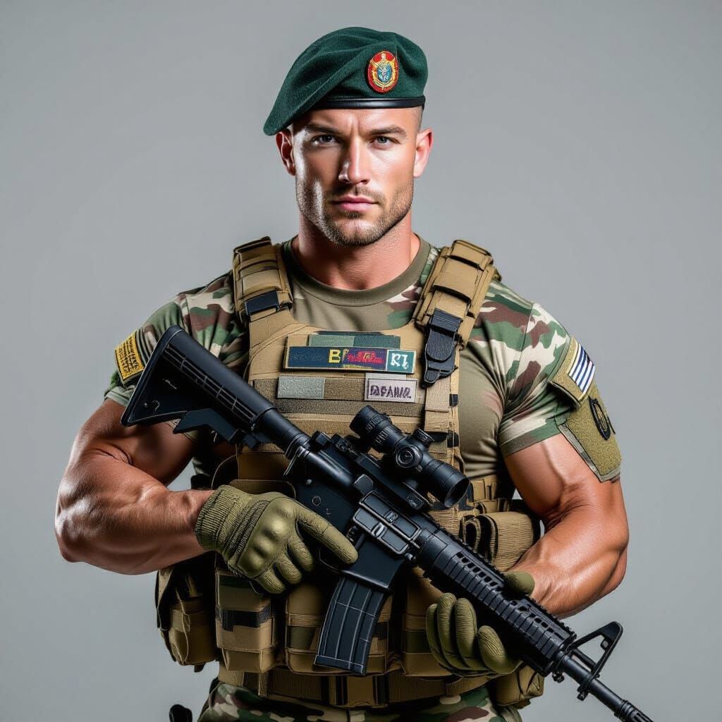 Handsome Soldier With Rifle in Cinematic Lighting