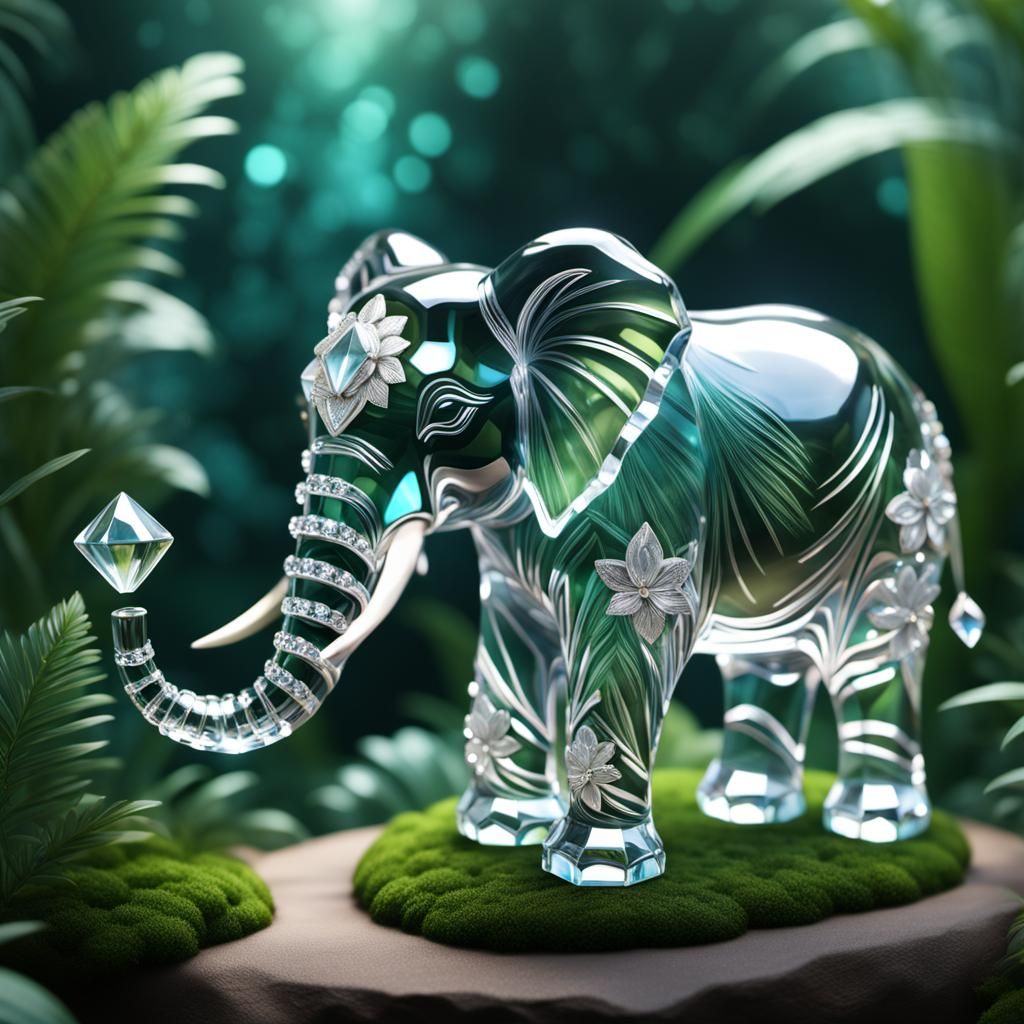 Crystal Elephant in Jungle, Hyperdetailed 3D Art