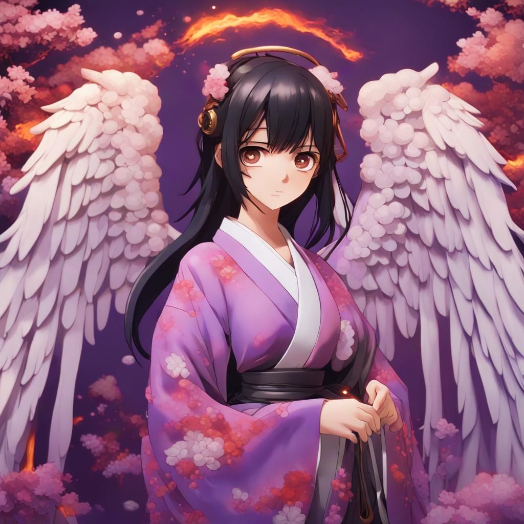 Anime Angel Plays with Purple Fire