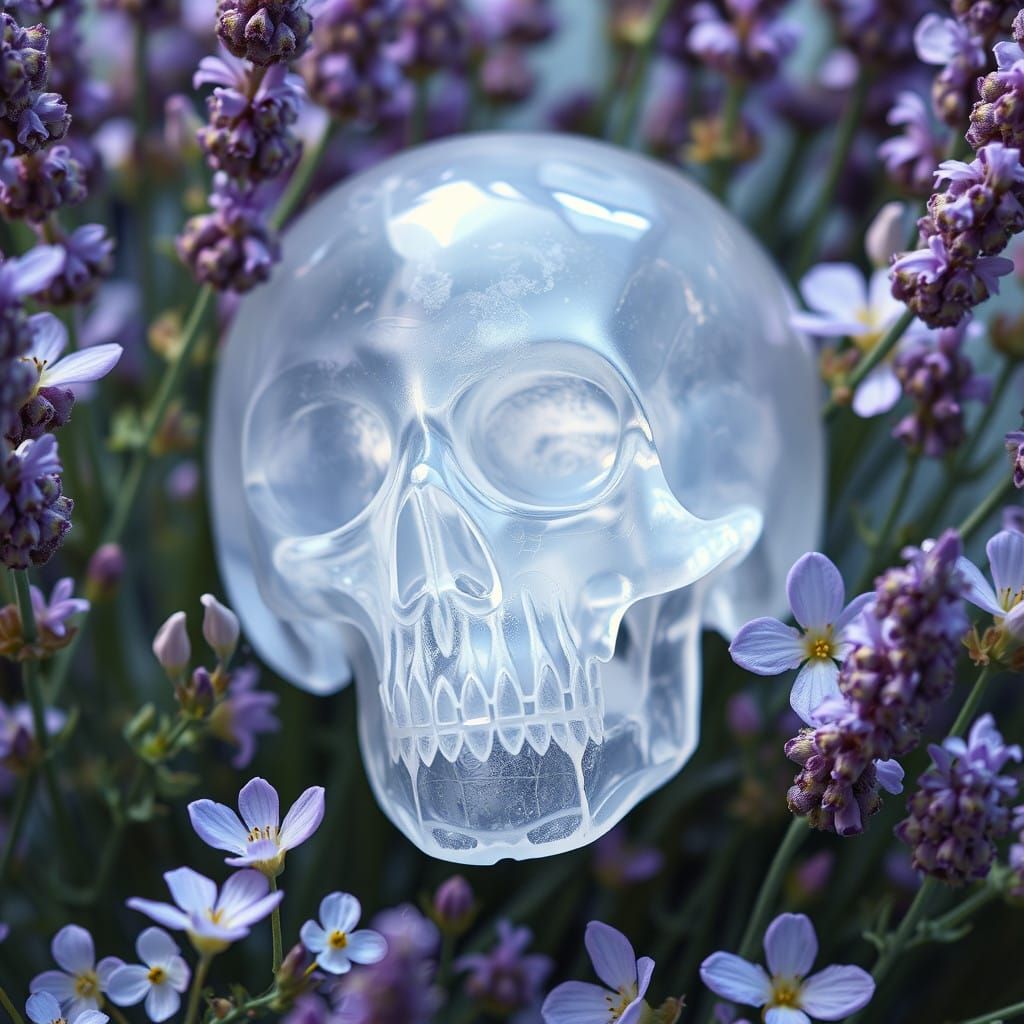 Ethereal Crystal Skull Amid Lavender Blooms