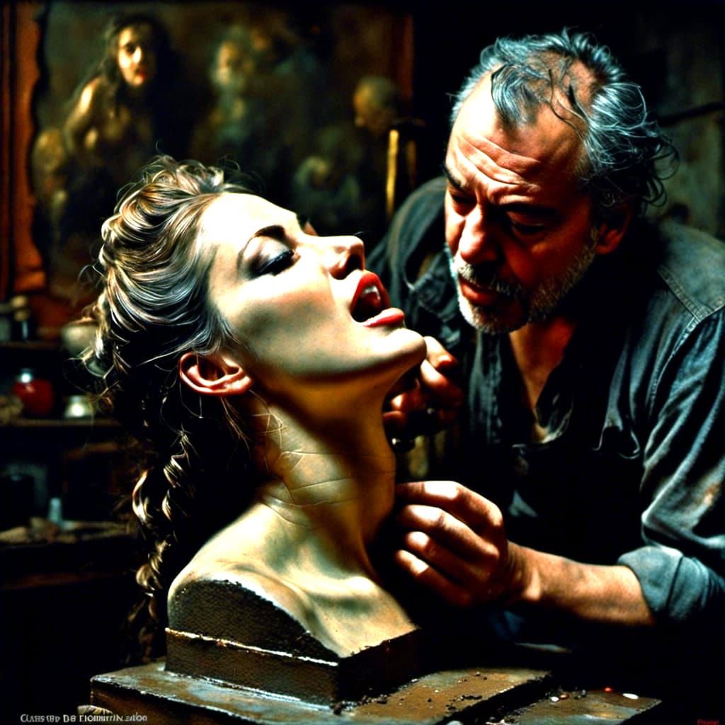 Frenzied Sculptor Creates Ceramic Beauty: Oil Painting