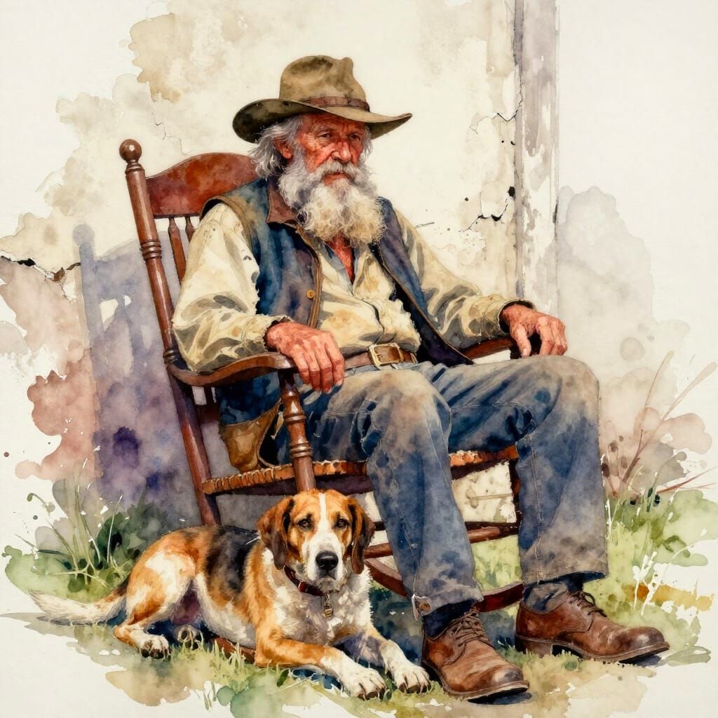 Elderly Hillbilly and Hound Dog in Watercolor Style
