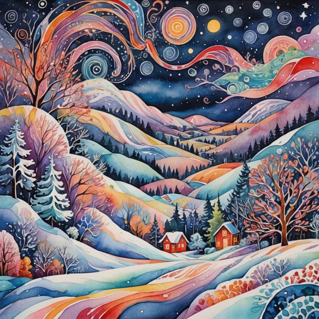 Abstract Watercolor of Winter Wonderland Landscape