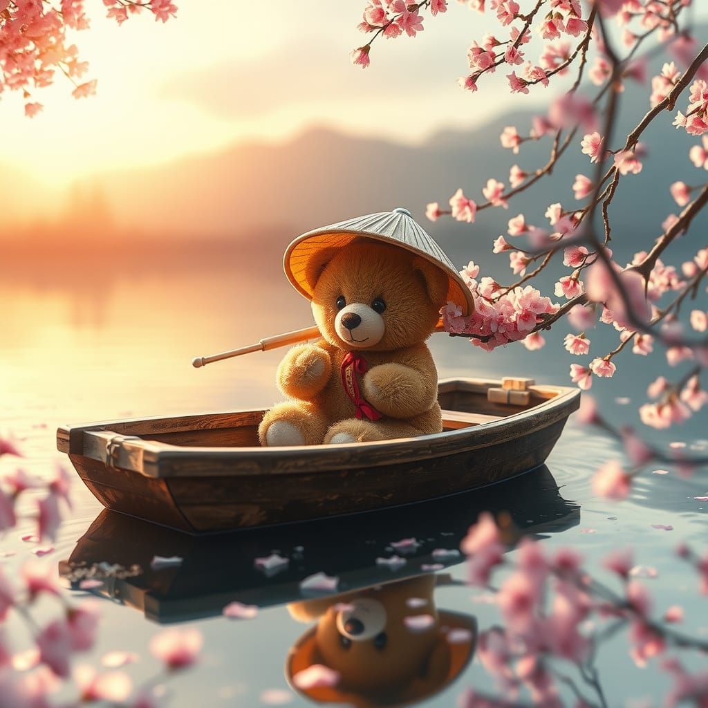 Teddy Bear Fisherman in Asian Watercolor Style