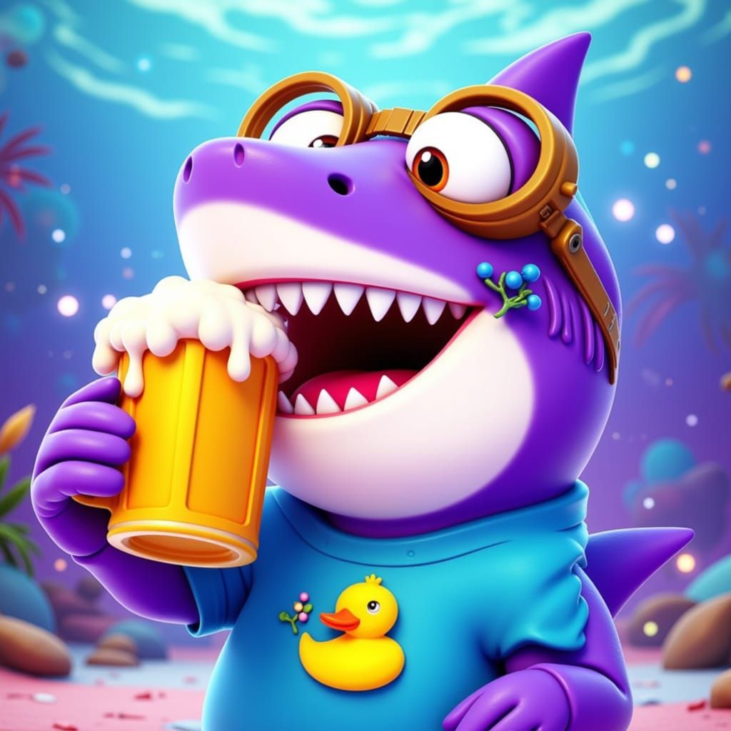 Mischievous Purple Shark in Ducky Shirt Drinks Beer