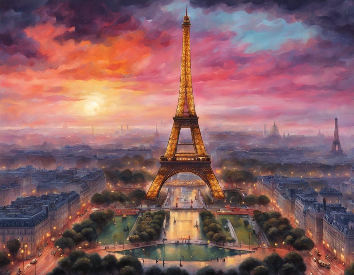 Vintage Parisian Eiffel Tower Scene at Twilight