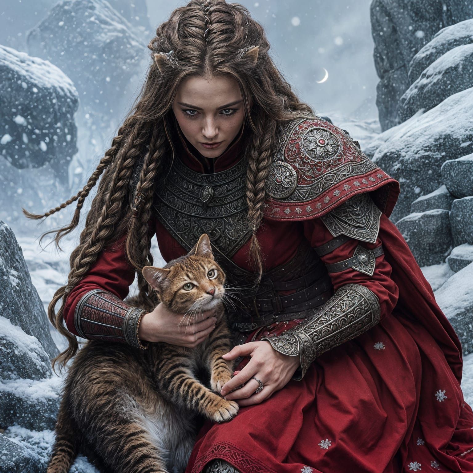 Warrior Queen Petting Feline in Snowy Landscape