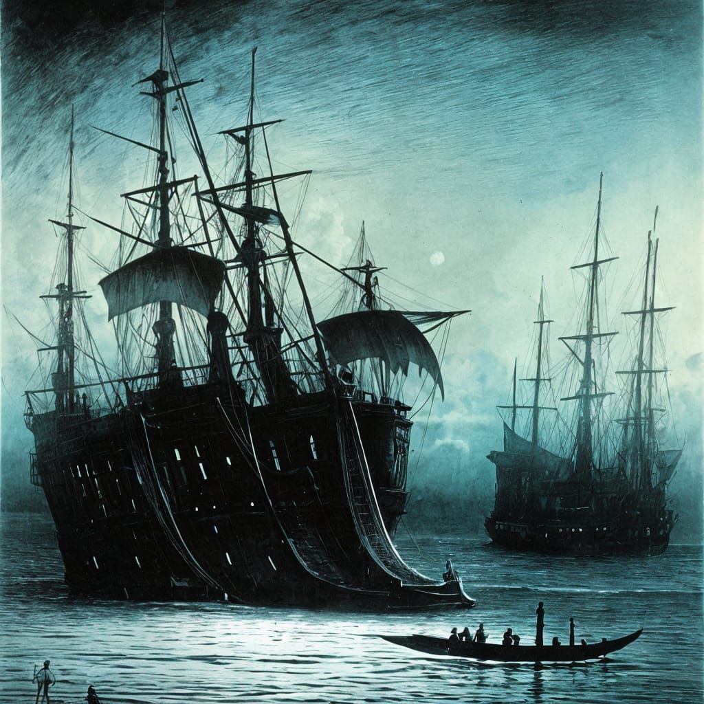 Ghost Pirate Ship in Dark Surreal Night