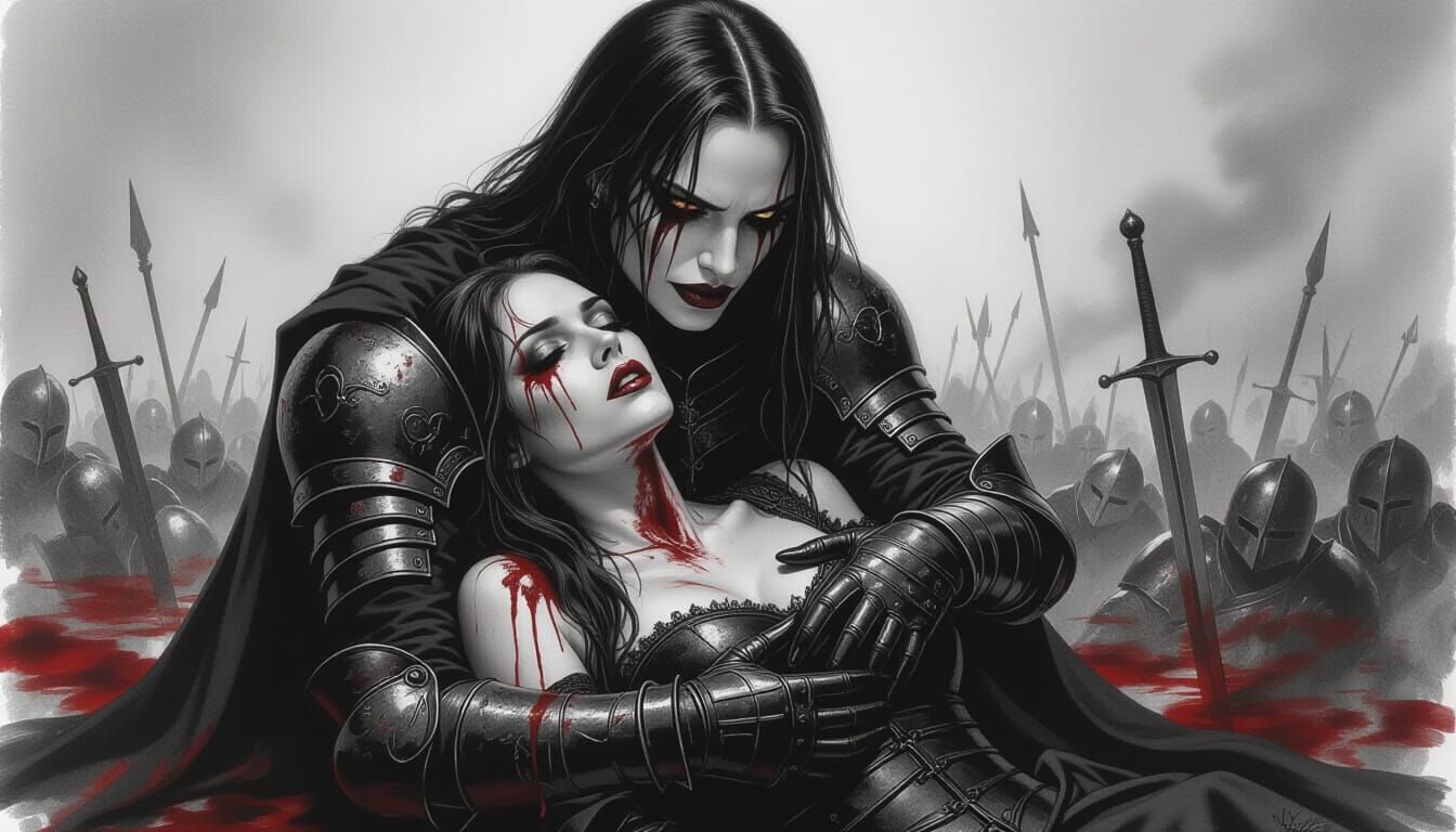 Gothic Vampire Knight Mourns Fallen Lover on Battlefield