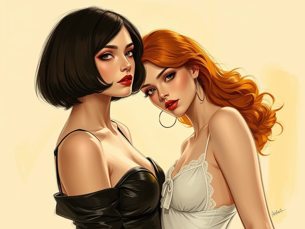 Elegant Women in Boudoir, Fine Art Illustration