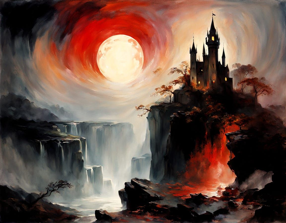 Mystical Castle on Cliff Under Blood Moon in Watercolor