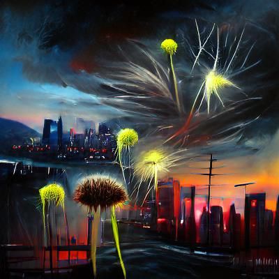 Neon Dandelion Fireworks Over City at Night