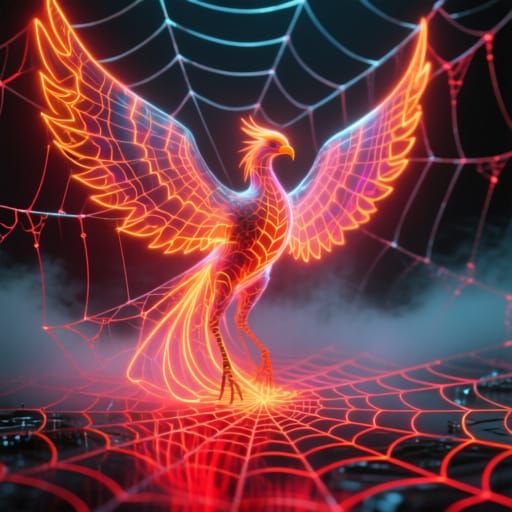 Cyber Phoenix Woven with Neon Light Cobwebs