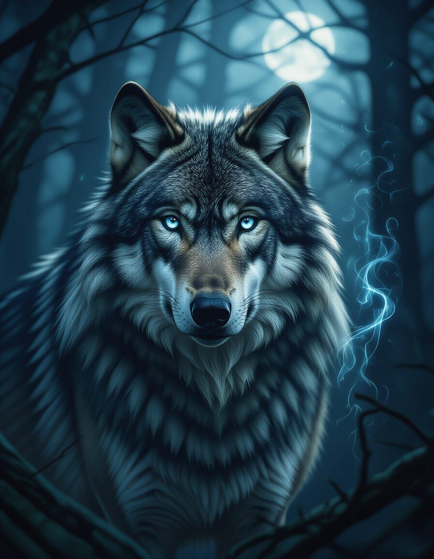 Majestic Wolf With Dark Magic Eyes in Ancient Forest