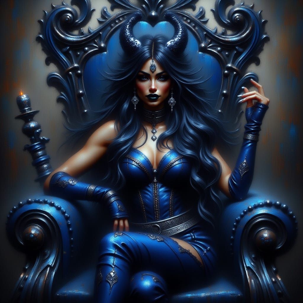 Muscular Woman on Dragon Throne in Dark Colors