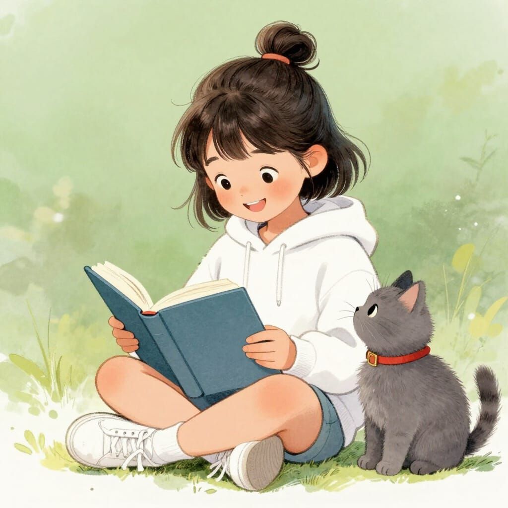 Girl Reading Book With Cat, Children's Illustration Style