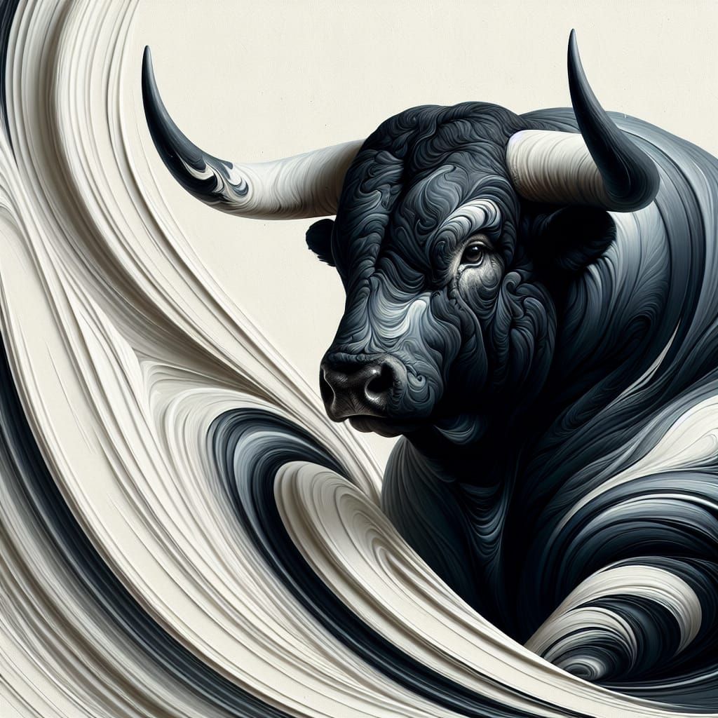 Majestic Black Bull with Silver Horns in Cream Background