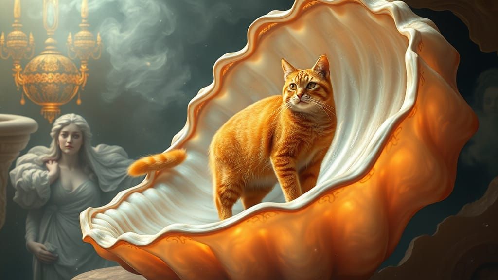 Ginger Cat Goddess in Renaissance Sea Shell