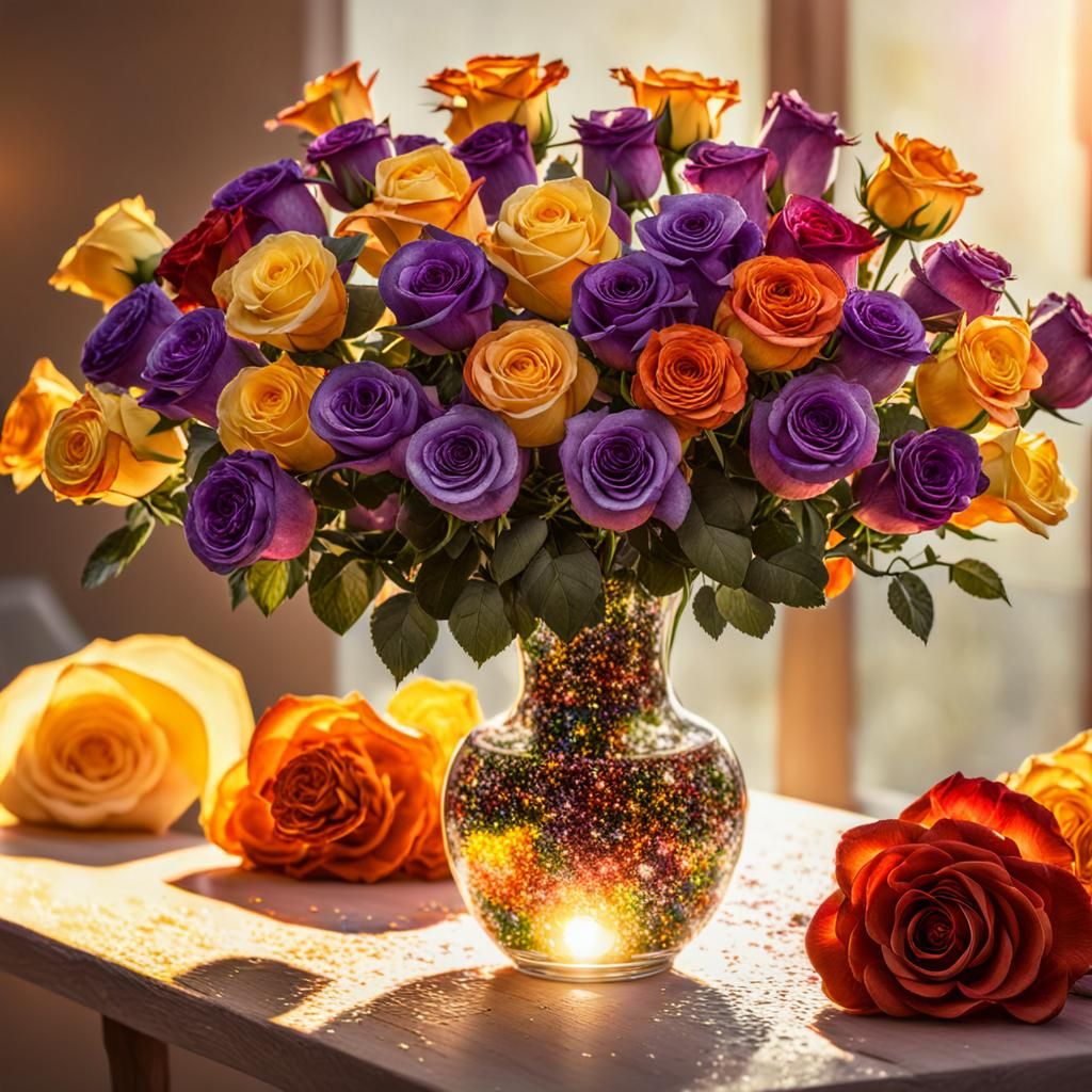 Colorful Roses in Stardust, Hyperrealistic Splash Art