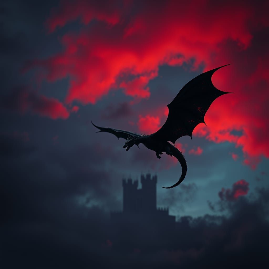 Dark Fantasy Dragon Soars Amidst Blood-Red Skies