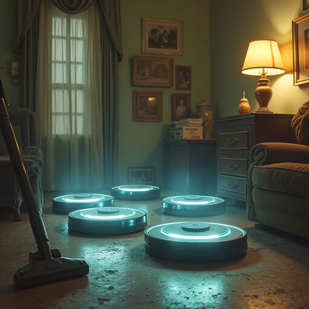 Roombas Menace Old Vacuum Cleaner in Dystopian Future